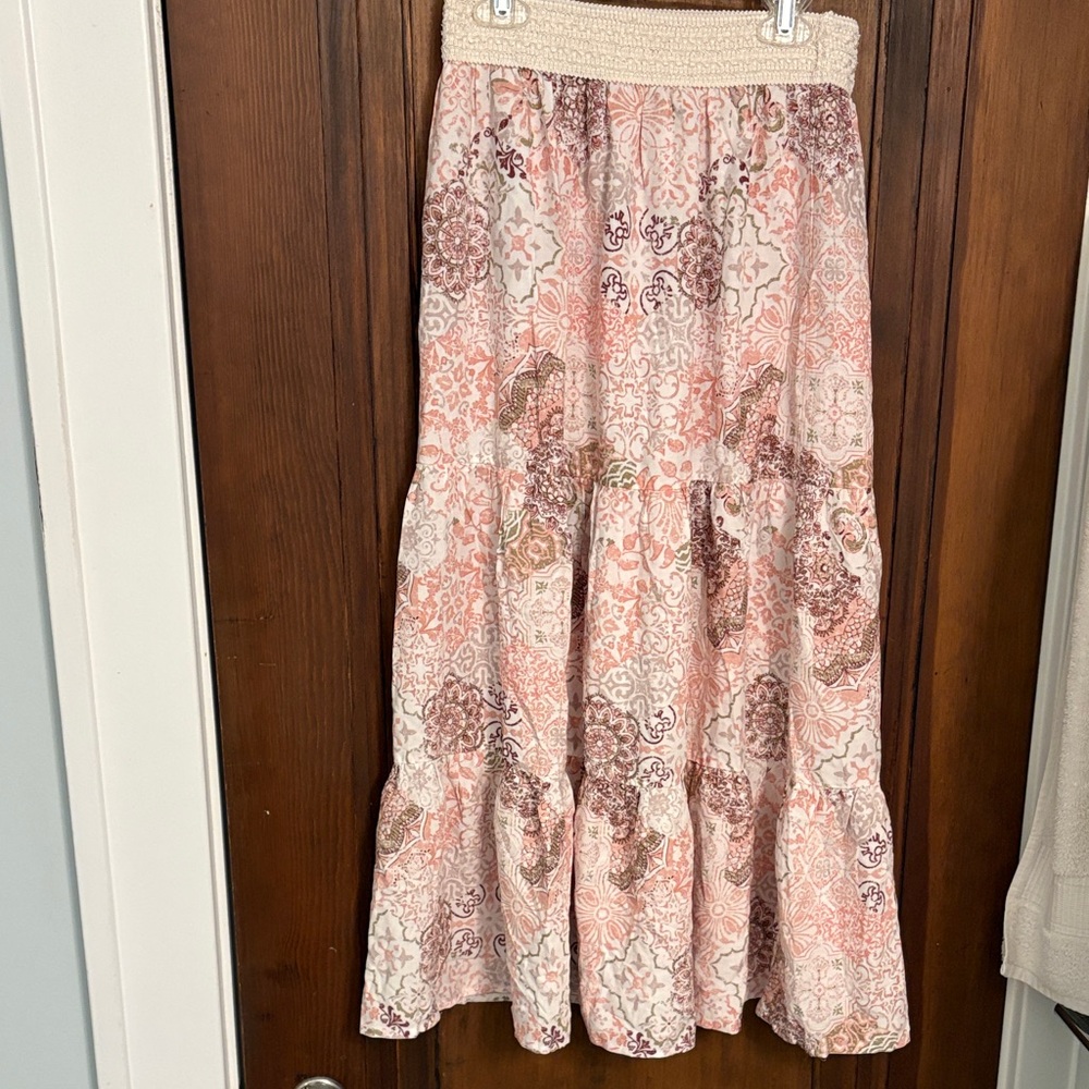 Women's Pink Patterned Tiered Maxi Skirt